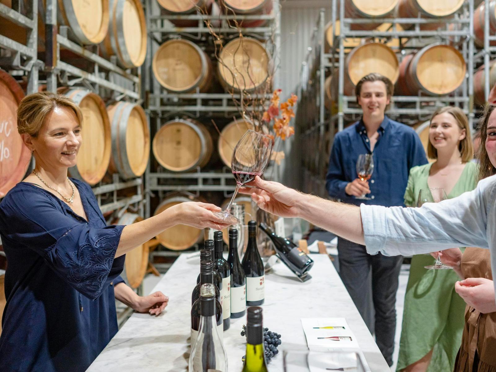 Rambling tour group tasting in the barrel room at Sanguine Wines (Heathcote)