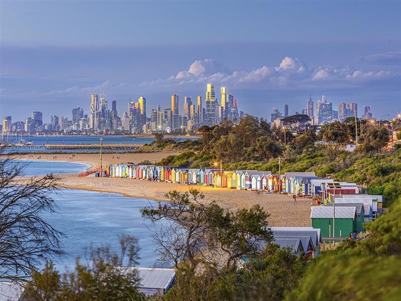 Bathing boxes at Brighton Beach and city views, Melbourne, Victoria, Australia