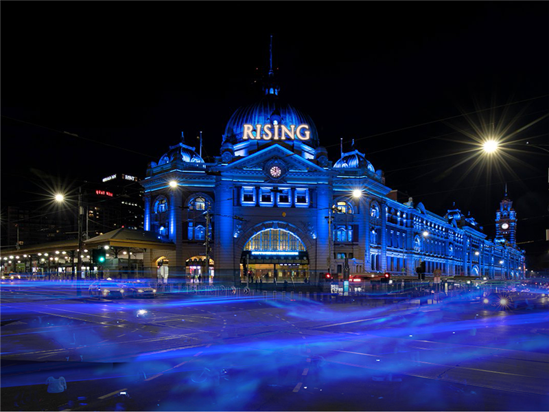 RISING 2023 sign at Flinders Street Station, Melbourne, Victoria, Australia